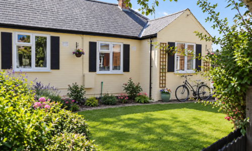 A single-storey yellow house with black shutters, white windows, a bicycle near the entrance, hanging flower baskets, and a lush green lawn bordered by colourful flowers under a sunny sky with some trees.