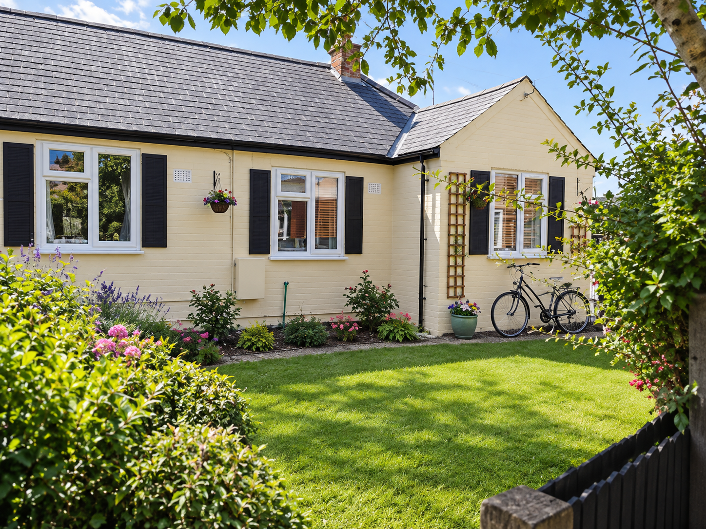 A single-storey yellow house with black shutters, white windows, a bicycle near the entrance, hanging flower baskets, and a lush green lawn bordered by colourful flowers under a sunny sky with some trees.