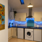 Modern kitchen with cream cupboards, dishwasher, washing machine, microwave, and blue fairy lights. A colourful sunflower painting hangs on the left wall. A skylight and pendant light are visible above.