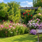 A garden with blooming pink, white, and red flowers, lush green bushes, and a lounger on the grass. A shed with a dark roof is in the background under a sunny sky.
