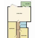 Floor plan of a Tenby holiday flat showing a living area, two bedrooms, a hallway, a bathroom, and a balcony.